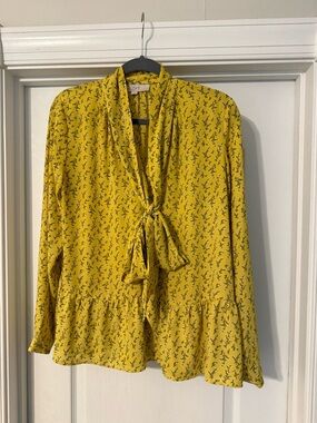 LOFT Mustard Yellow Floral Tie-Neck Peplum Blouse